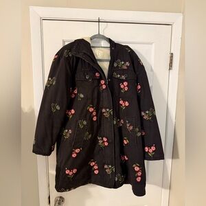 Kate Spade Black Sherpa-lined Coat with Pink Floral Design and Fur Hood